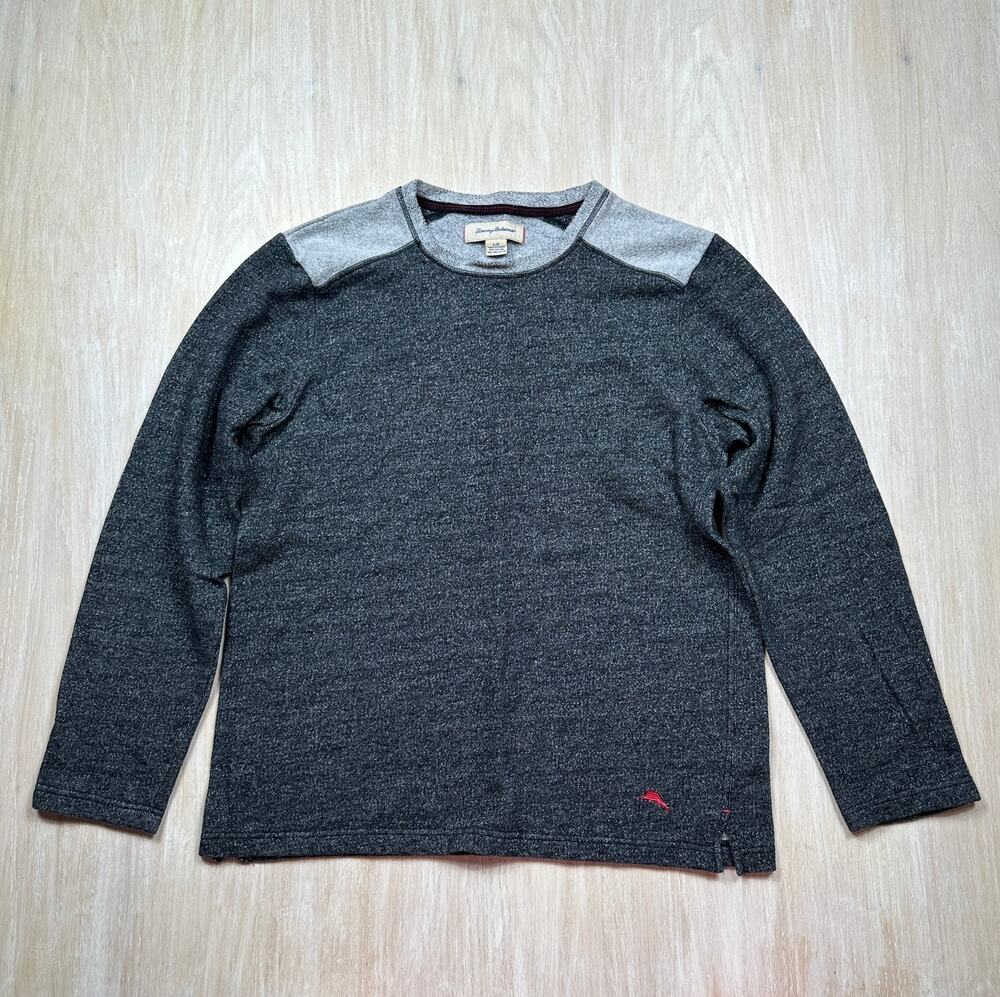 Tommy Bahama Gray Colorblock Marled Fleece Crewneck Marlin Pullover Sweater LG